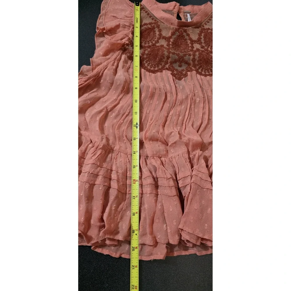 FREE PEOPLE Sheer Orange Embroidered Party Not Over Boho Top‎ XS Ruffle Hippie
